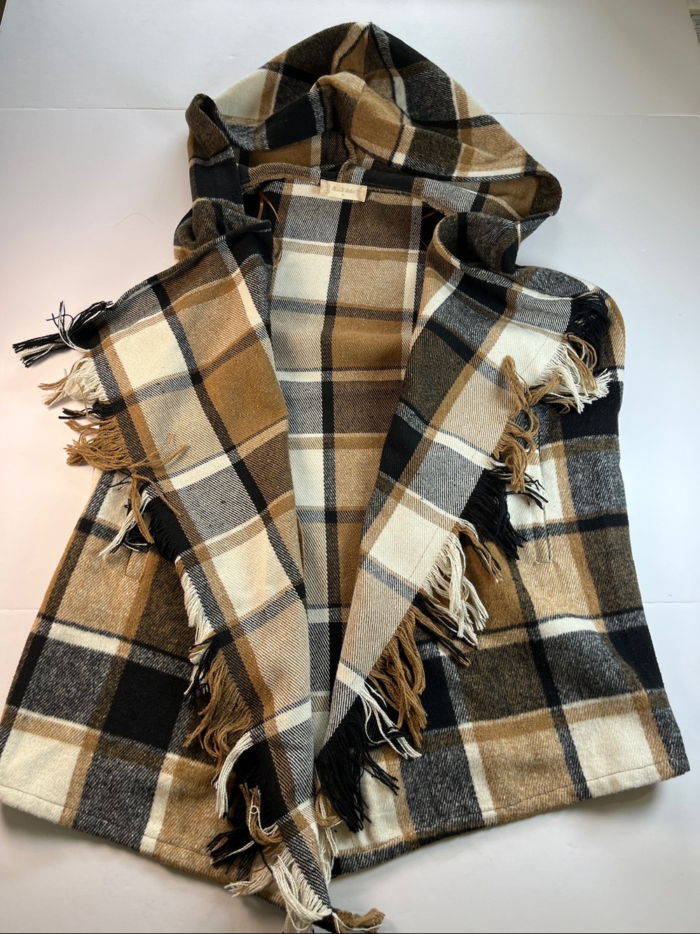 Altar’d State Hooded Blanket Vest Brown and Black Plaid Sz M